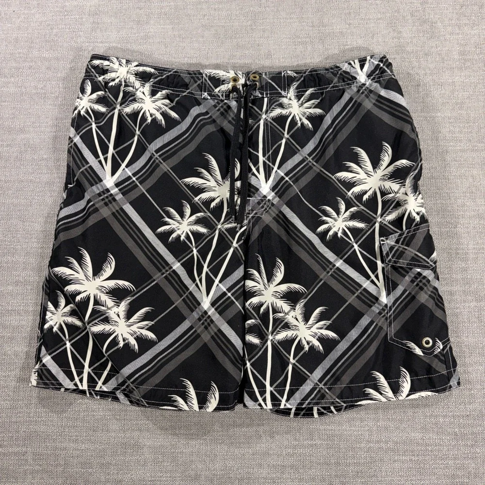 Sonoma Board Shorts Mens Large Black White Plaid Palm Tree Excellent Swim Trunks